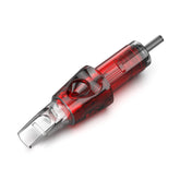 Close-up of a CNC Police Weaved Magnum M1 tattoo needle cartridge, with a transparent red body and clear tip, showing densely packed needles inside